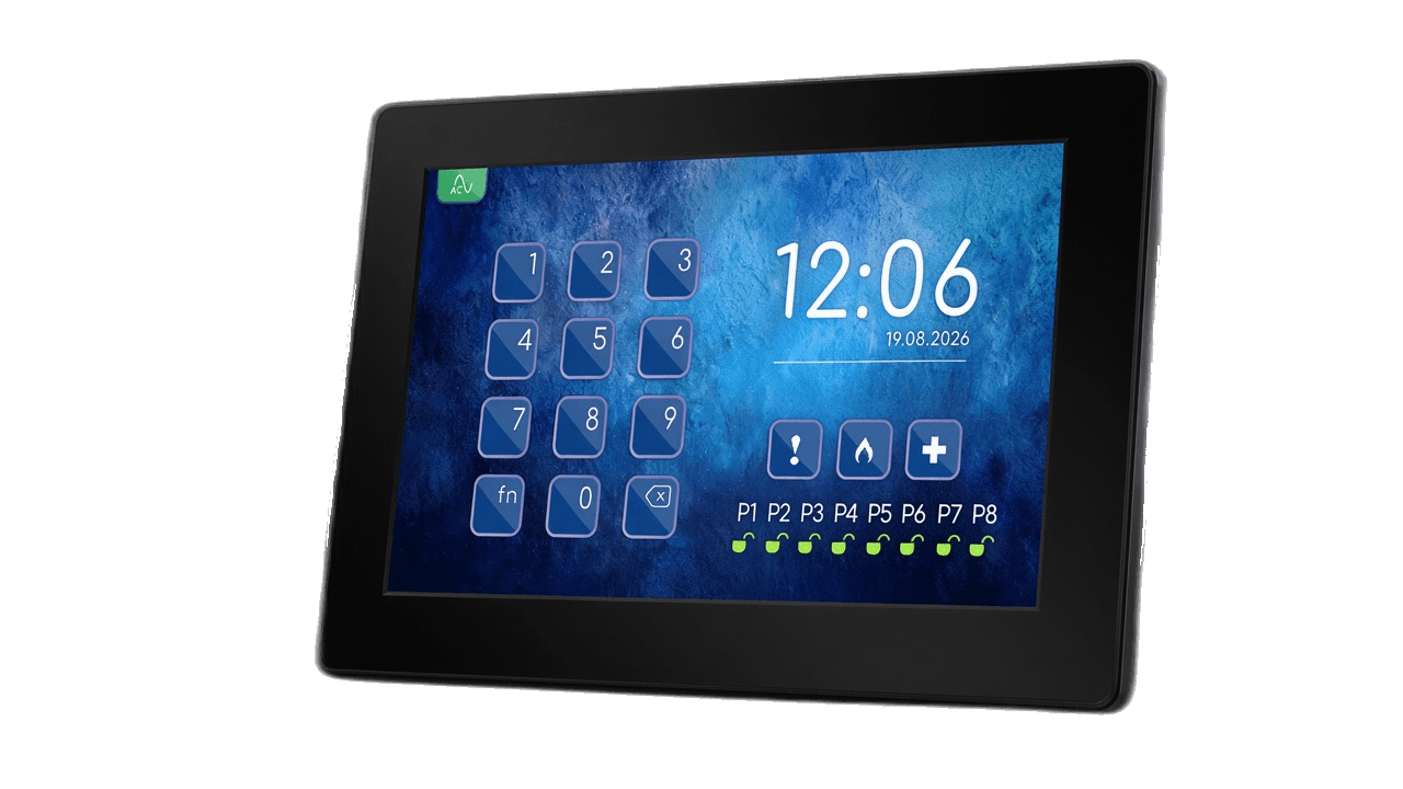 Czarny panel BCS Alarm AiO w lekkim profilu, ekran 7 cali. Countdown jest poza wyświetlaczem — w kolumnie tekstowej.